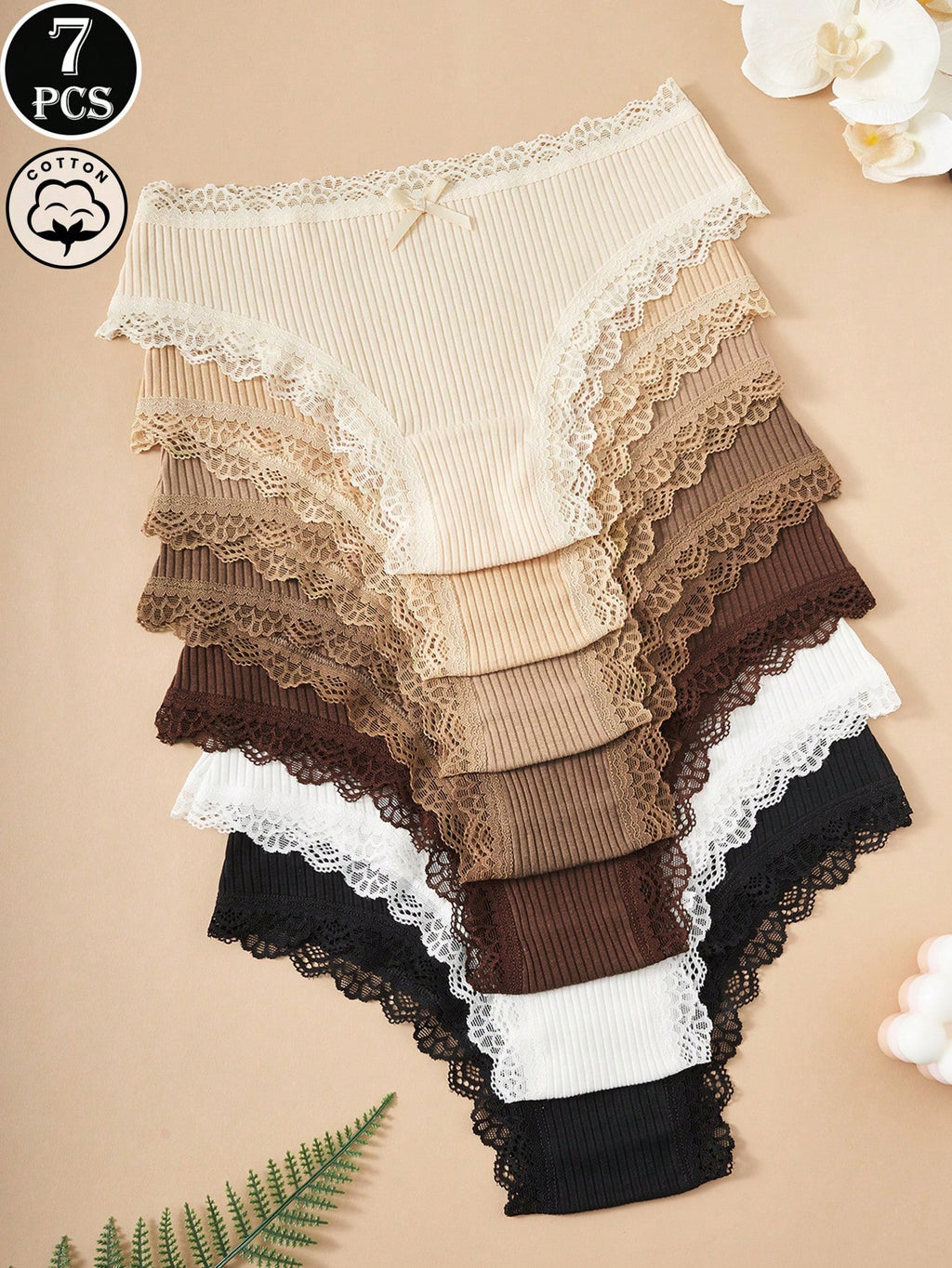 7pcs/Pack Women's Floral Contrast Color Lace Trim Panties
