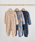 Brown/Navy 3 pack Baby Two Way Zip Footless Cotton Sleepsuits