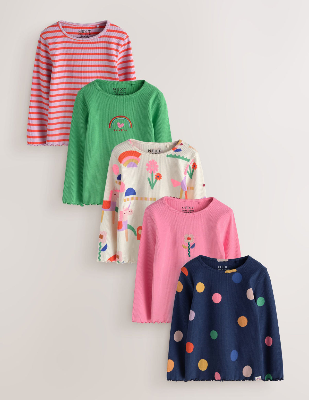 Ecru Rainbow Horse Long Sleeve Ribbed Tops 5 Pack