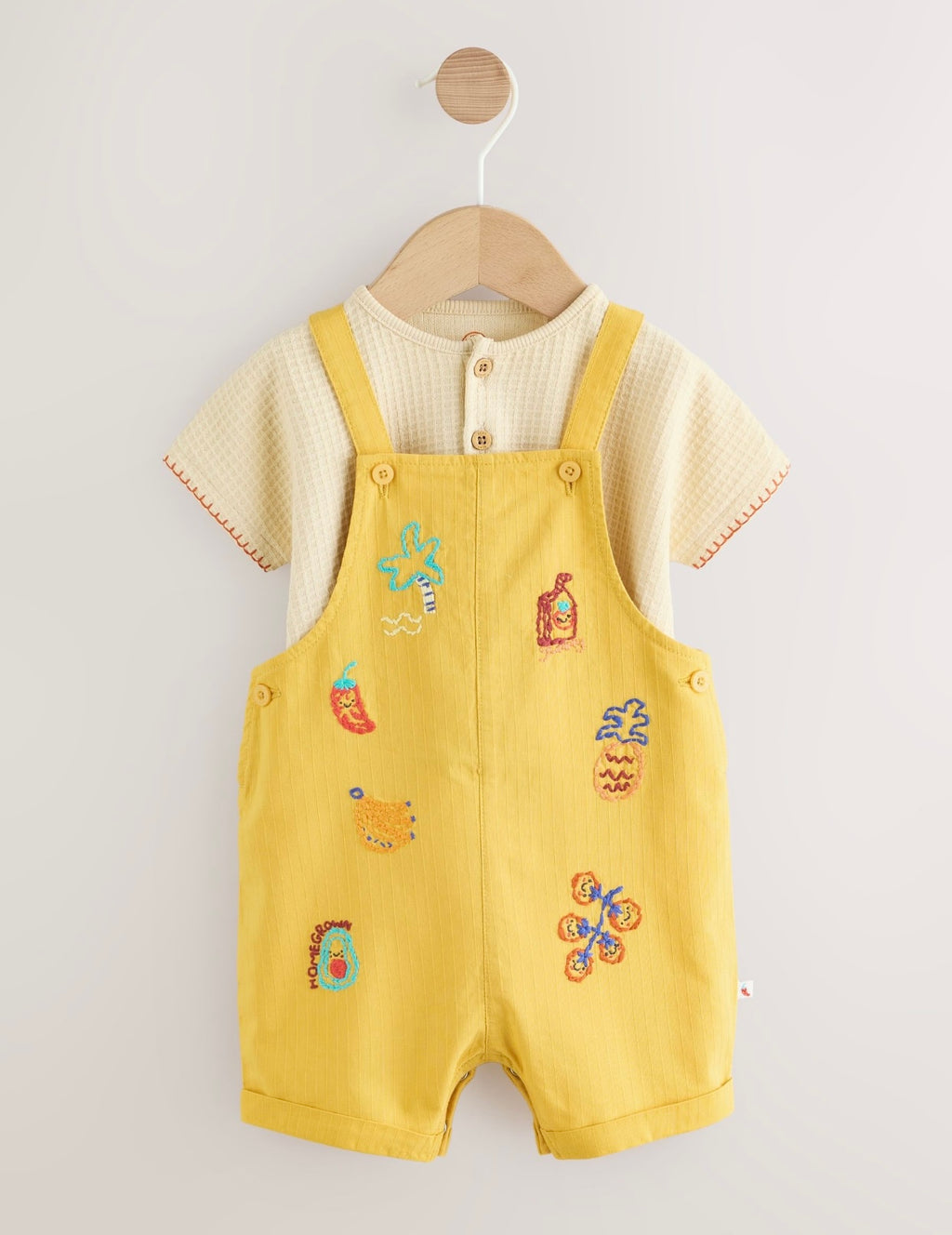 Yellow Fruit/Veg Print Dungarees And Bodysuit Baby Set