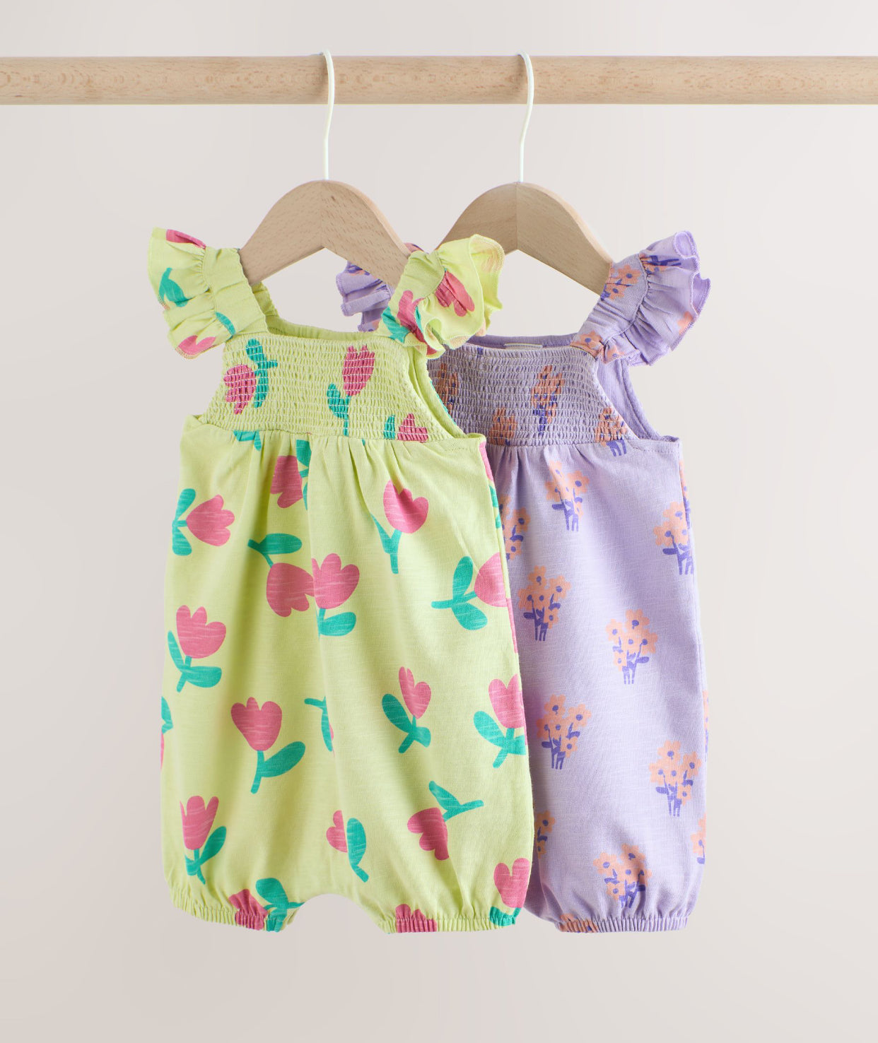 Purple and Green Floral 2 Pack Smocked Smocked Baby Rompers 2 Pack