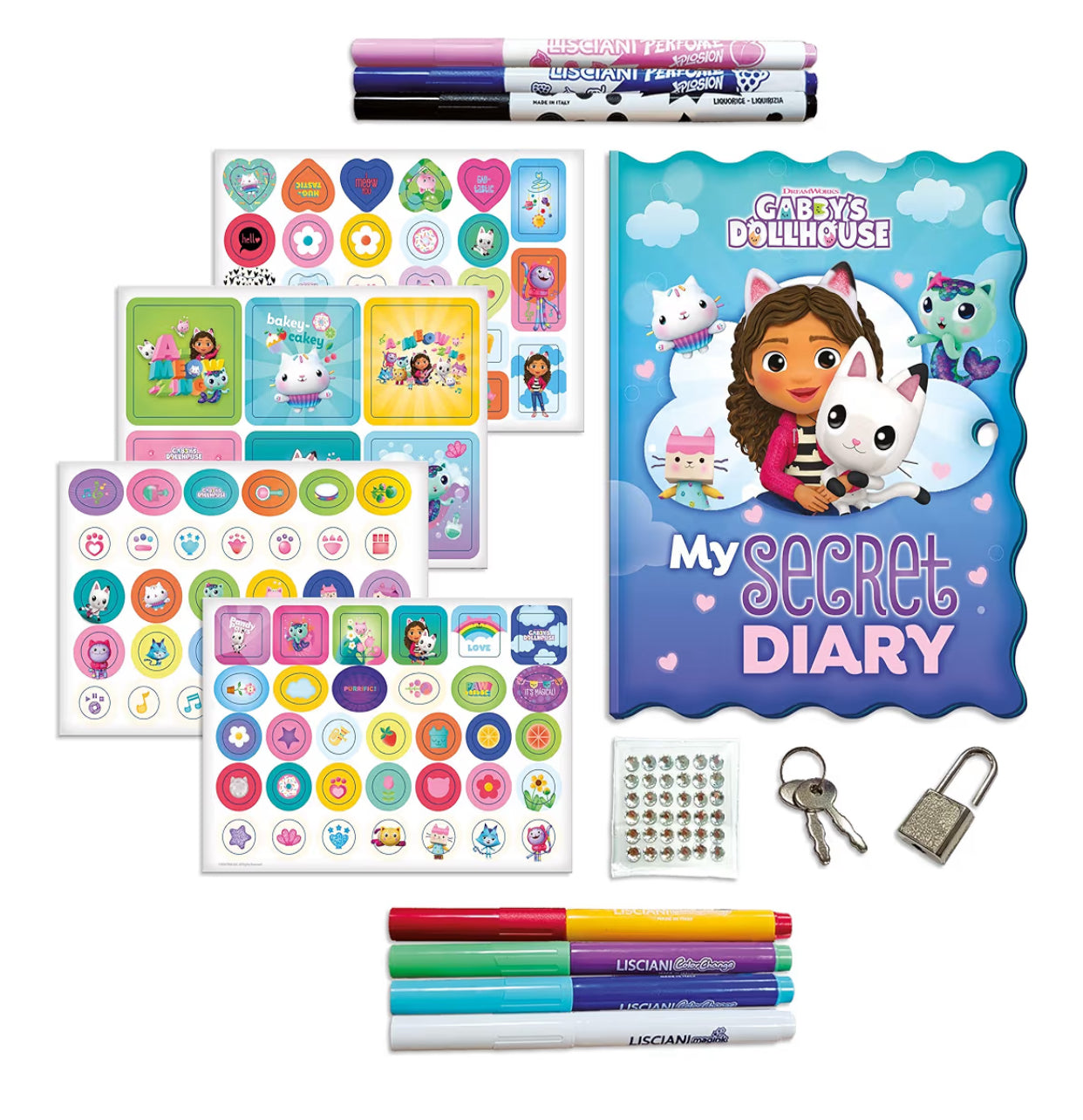GABBY'S DOLLHOUSE My Secret Diary - Diary with Padlock and Keys Scented Felt Pens, Stickers & Gems Included