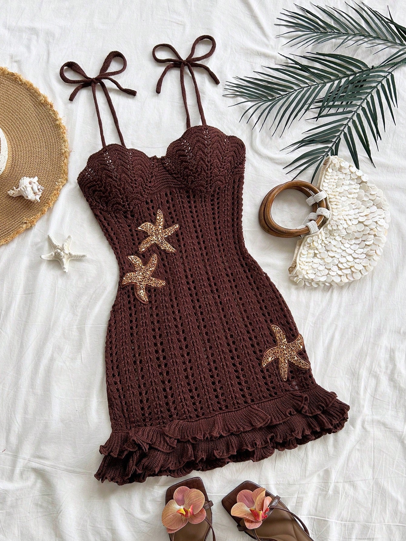 Women's Vacation Peach Starfish Decor Double Ruffle Halter Sweater Dress