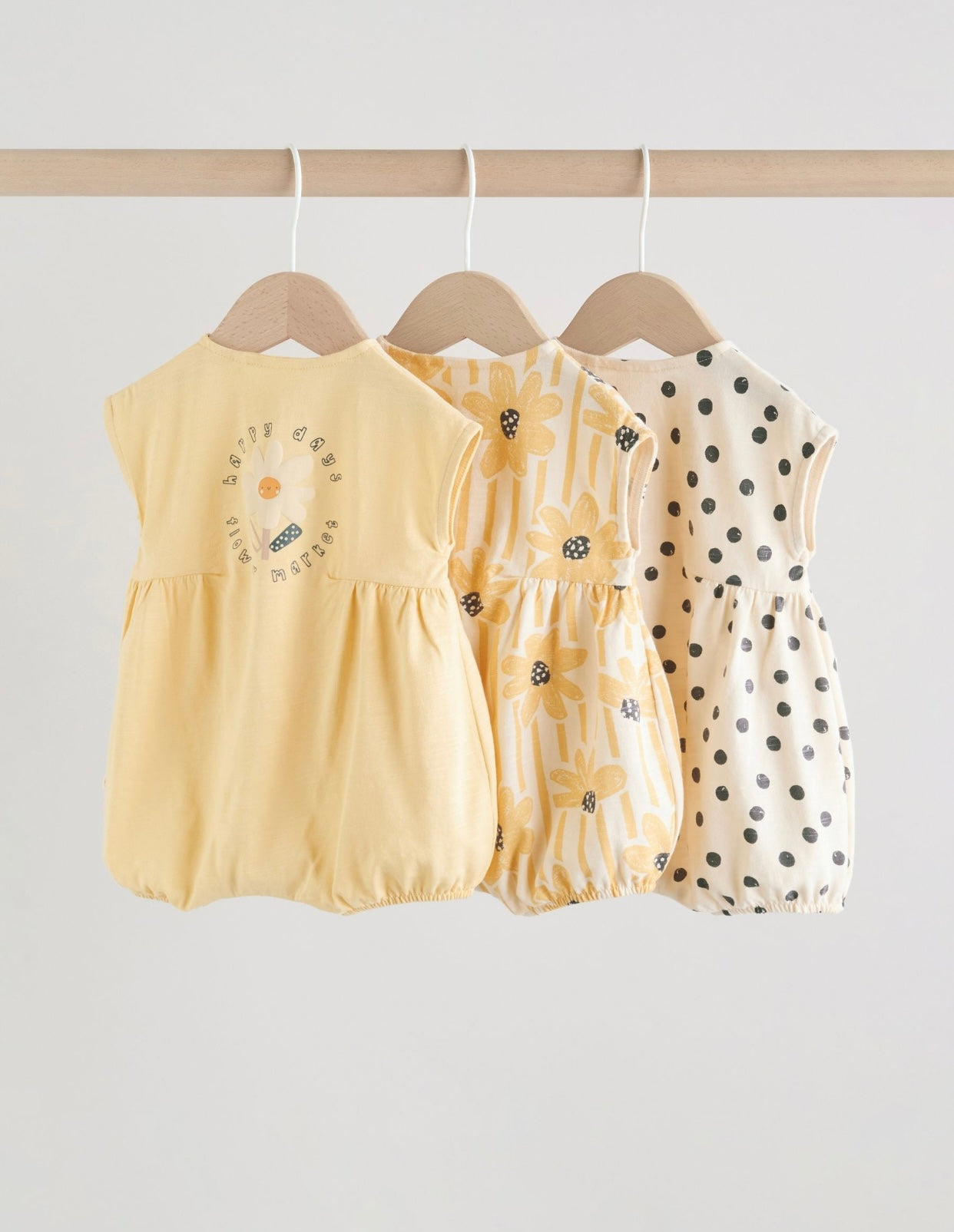 Yellow Floral Button Through Button Through Baby Rompers 3 Pack