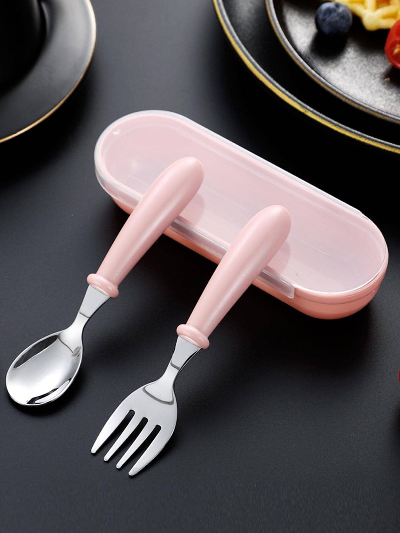 2pcs Stainless Steel Spoon And Fork Set With Case (immediate)
