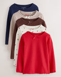 Red/Brown/Navy Long Sleeve Ribbed Tops 5 Pack
