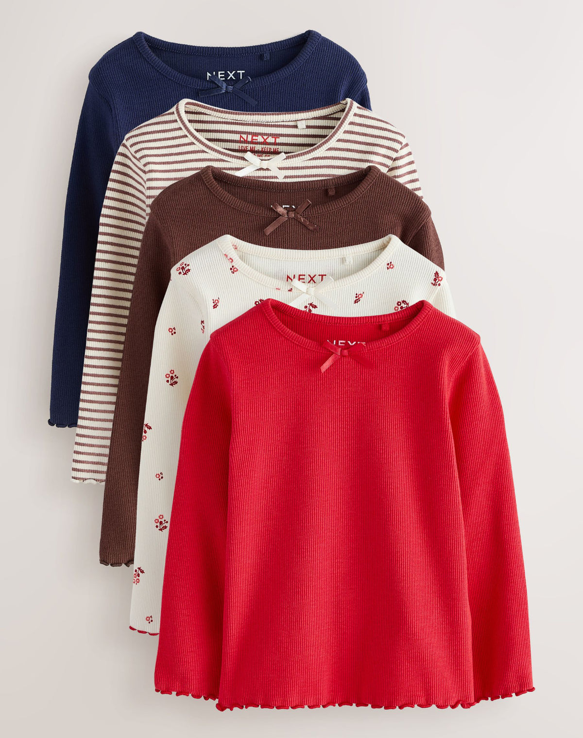 Red/Brown/Navy Long Sleeve Ribbed Tops 5 Pack
