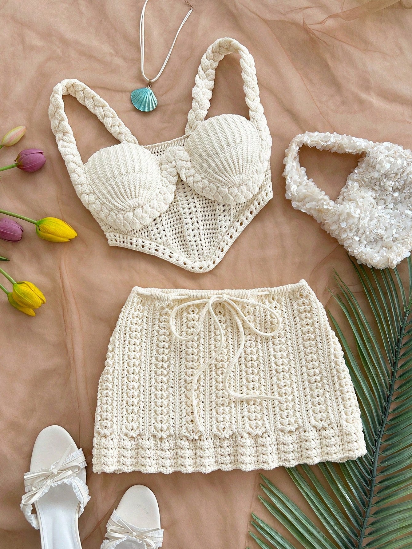 2pcs Vacation Camisole Crochet Backless Top And Low Waist Skirt Set