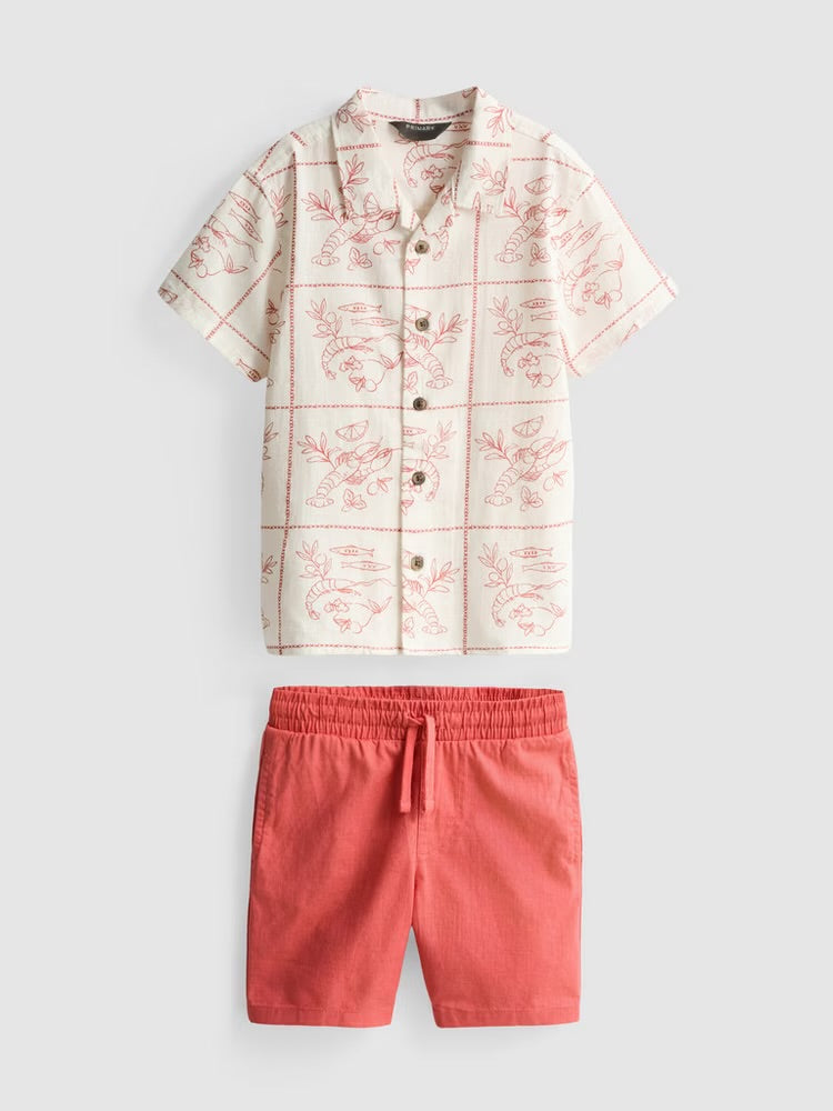 A print shirt and drawstring-detail shorts clothing set