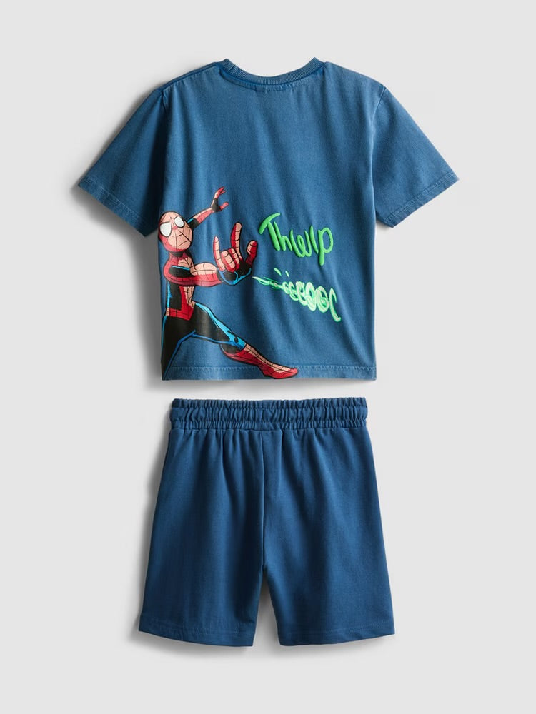 A tee and shorts clothing co-ord with a Marvel Spider-Man character design