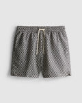A pair of swimming shorts with a geometric design, mesh lining, and a drawstring waistline