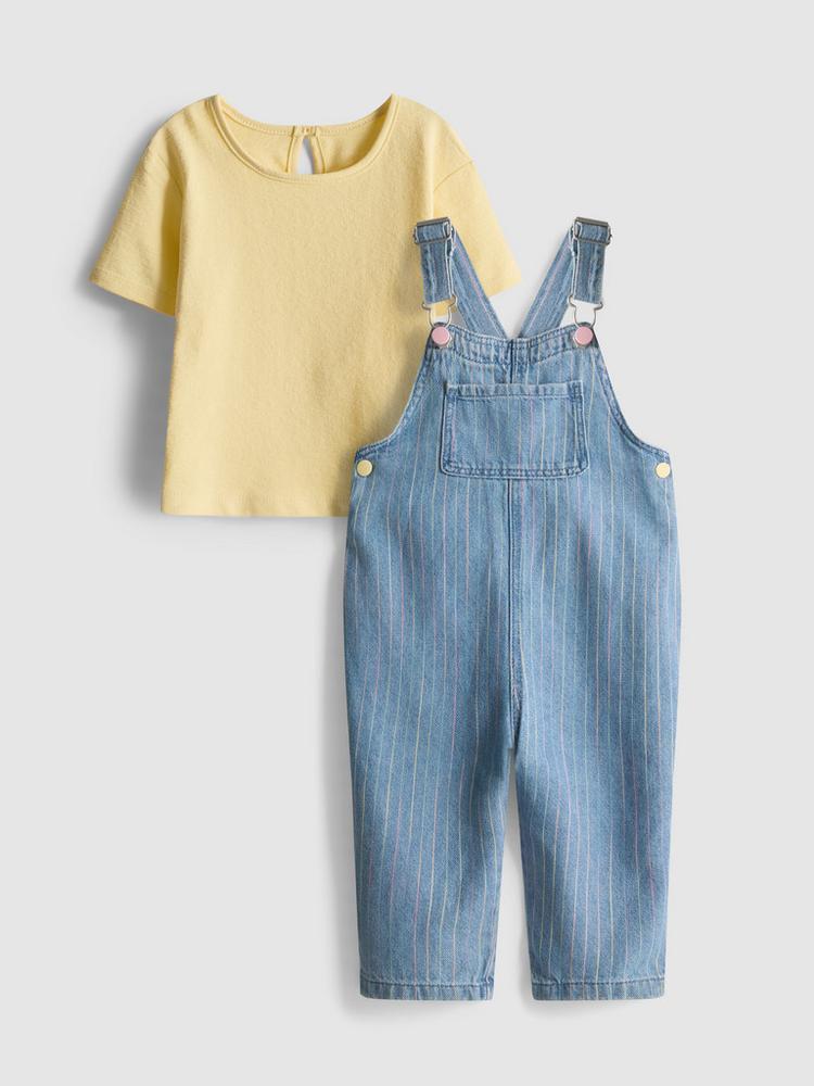 T-Shirt and Stripe Denim Dungarees Set
