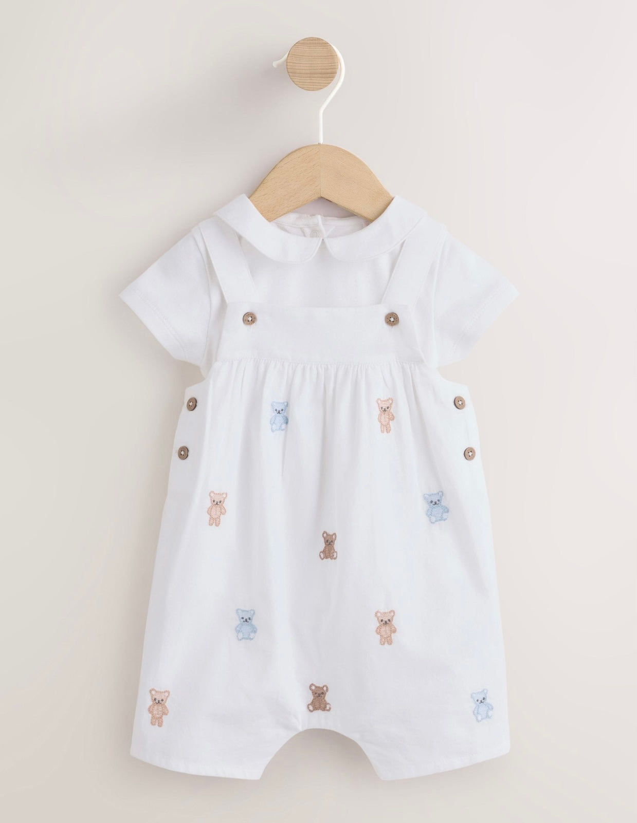 White Embroidered Bear Woven Dungaree and Bodysuit Baby Set (Omt..