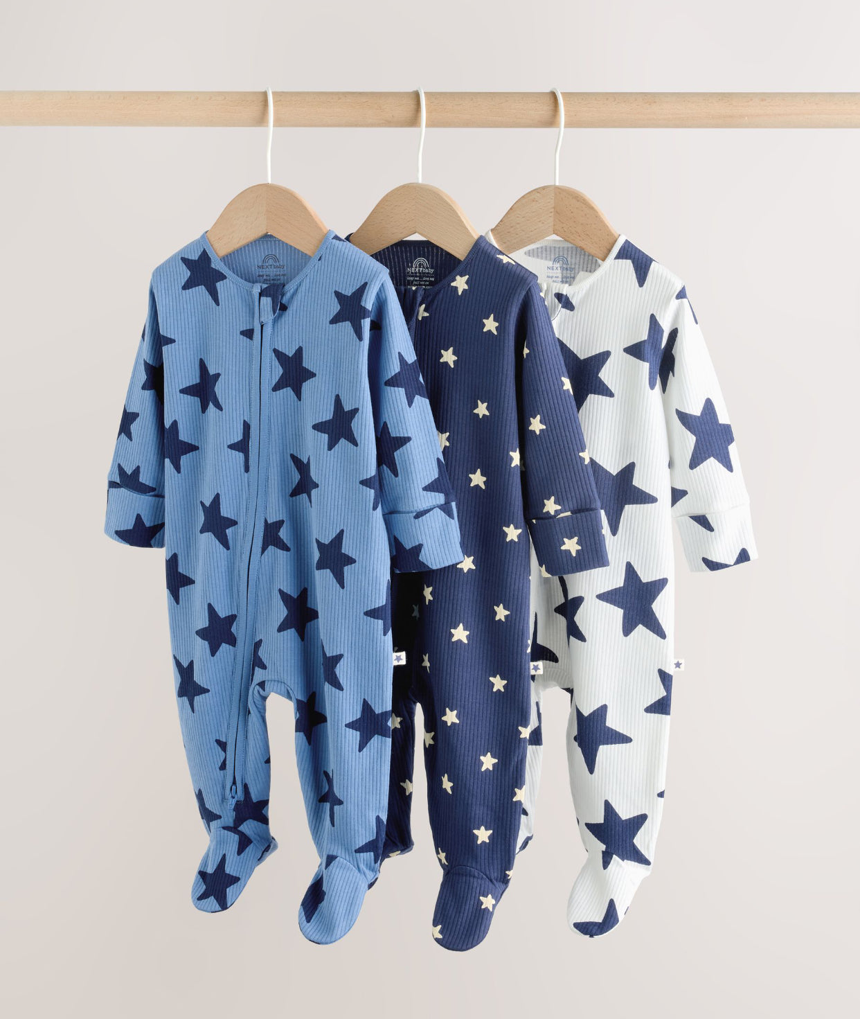 Navy Star Two Way Zip Baby Sleepsuits 3 Pack