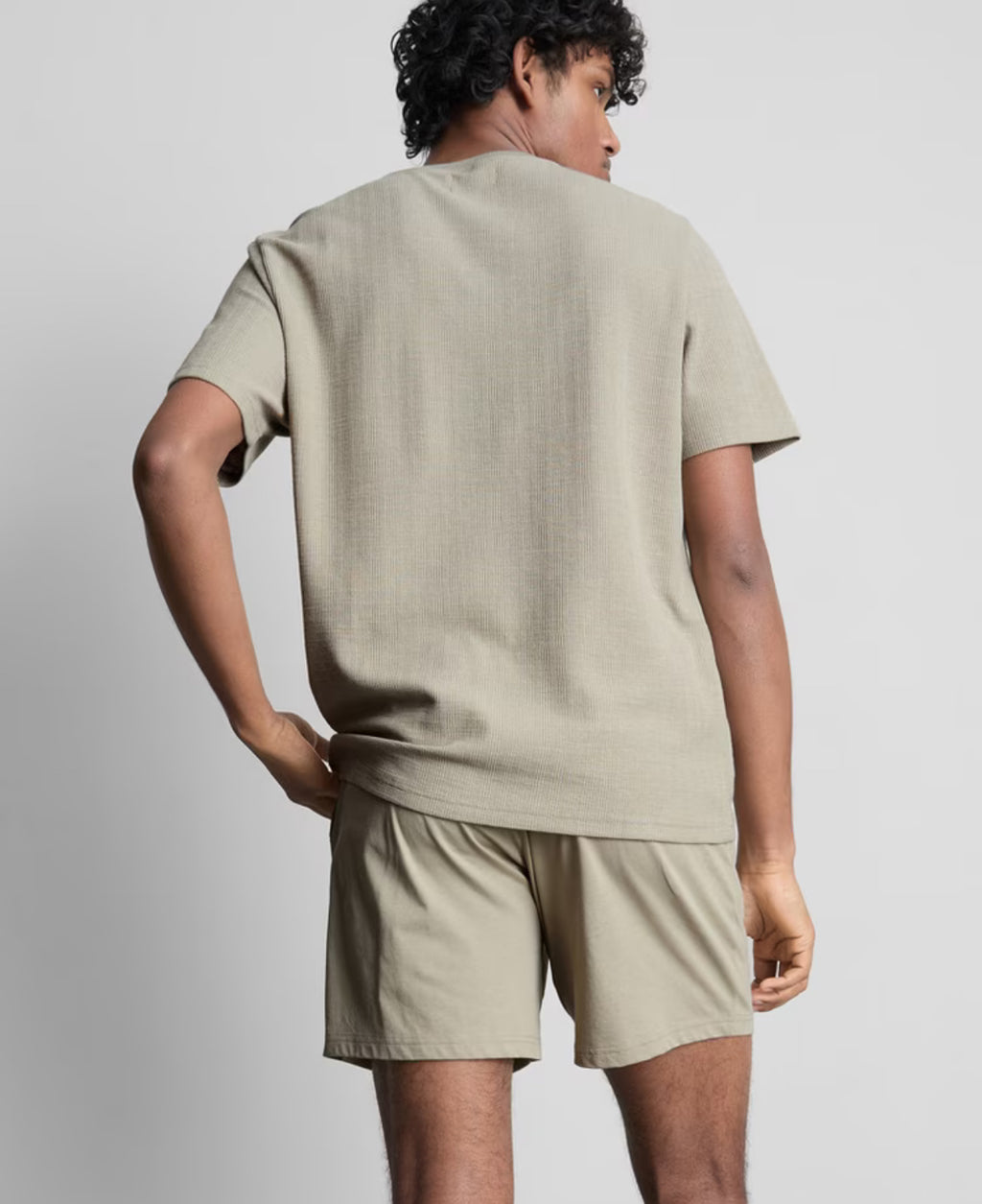 A textured pyjama set with short sleeve tee and drawstring shorts