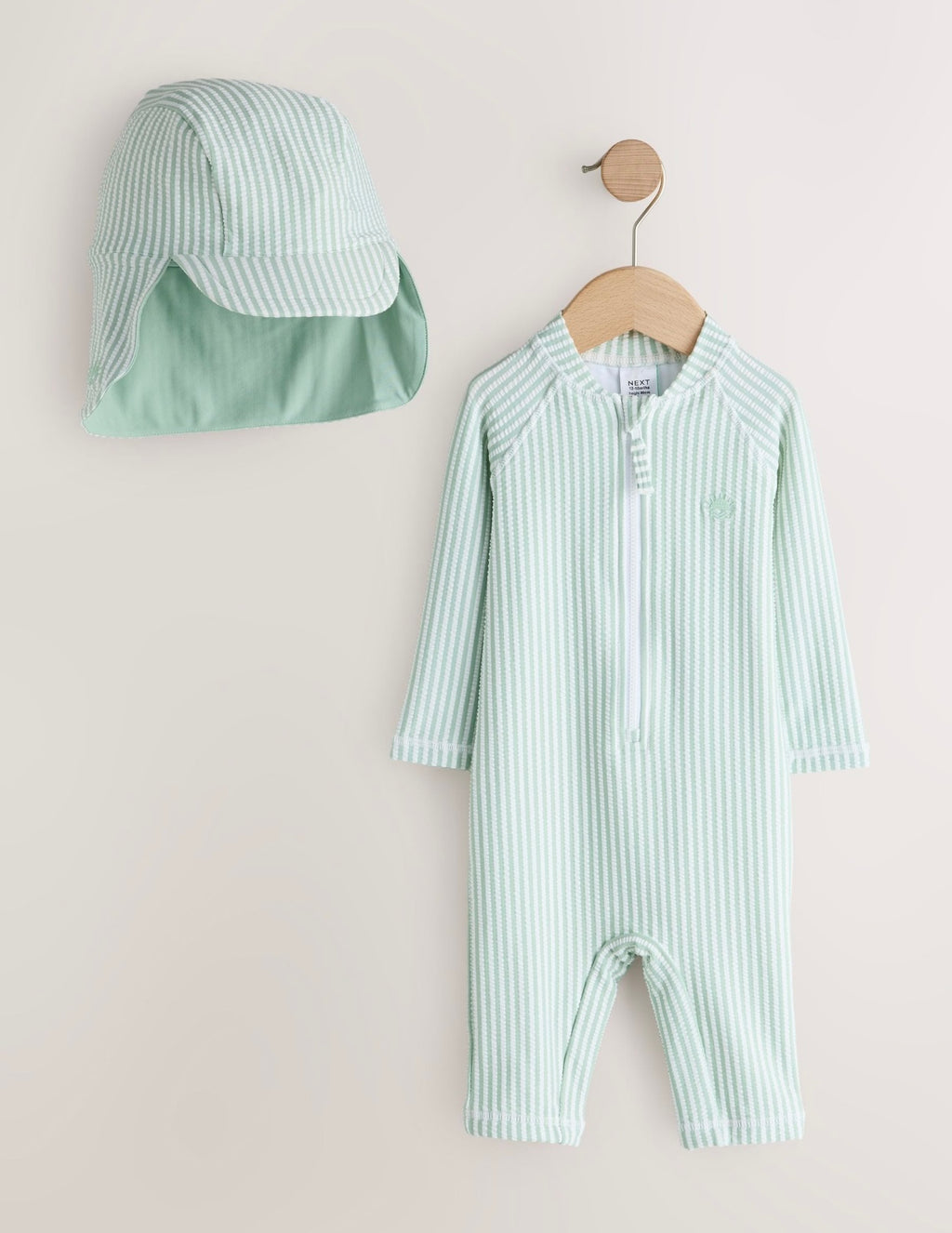 Mint Green Striped Sunsafe Swimsuit and Hat Set