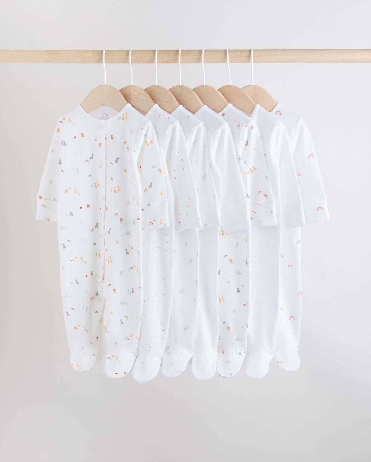 White 7 Pack Popper Baby Sleepsuits