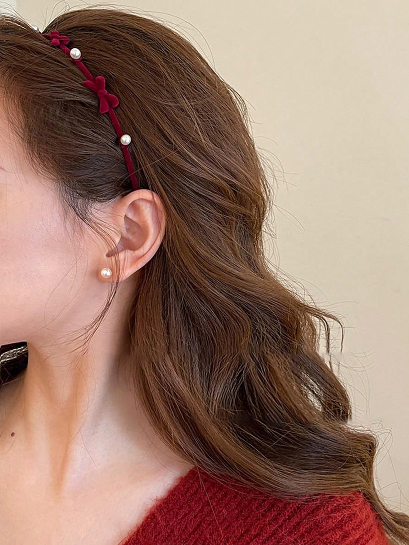 Burgundy bowknot & faux pearl hair band