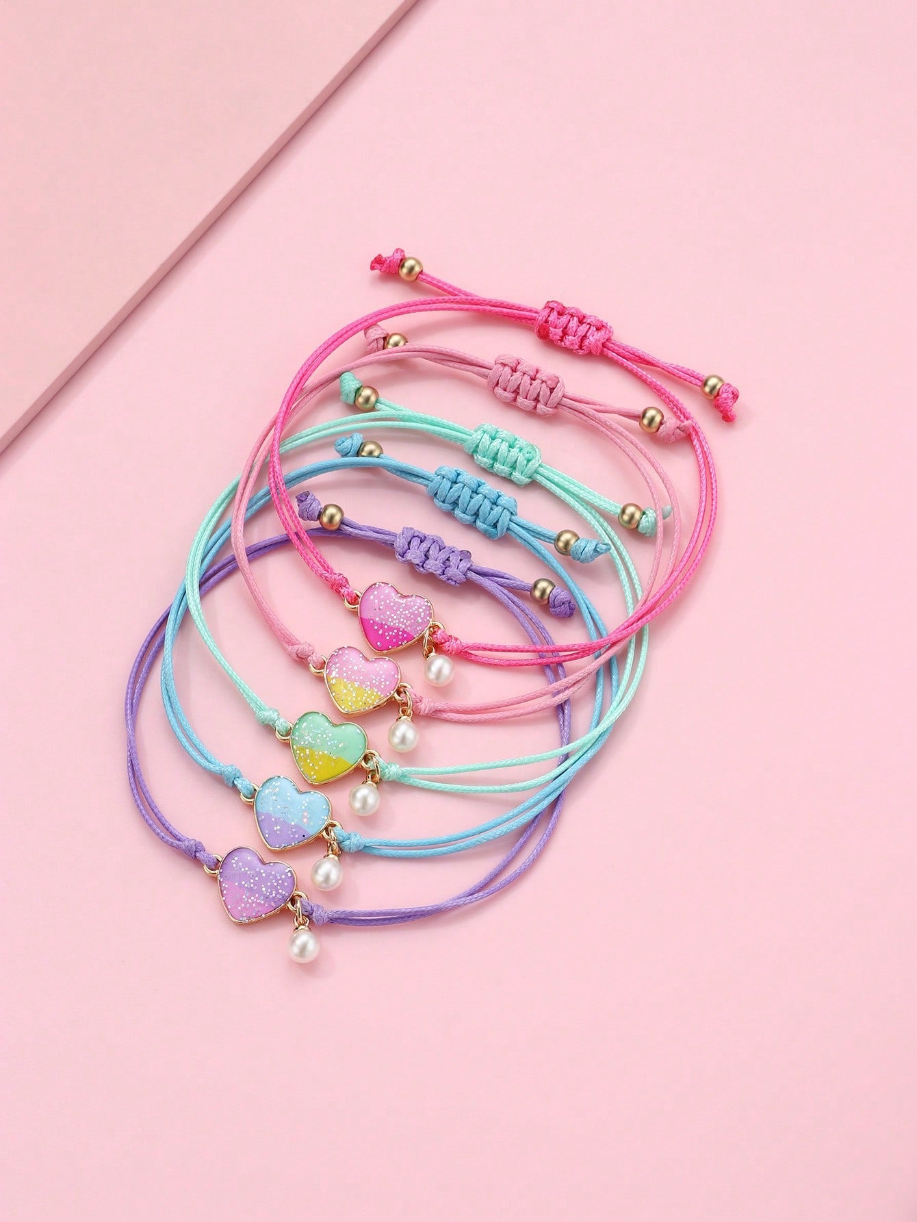 5pcs/Set Heart-Shaped Multicolor Braided Bracelet Set (immediate)