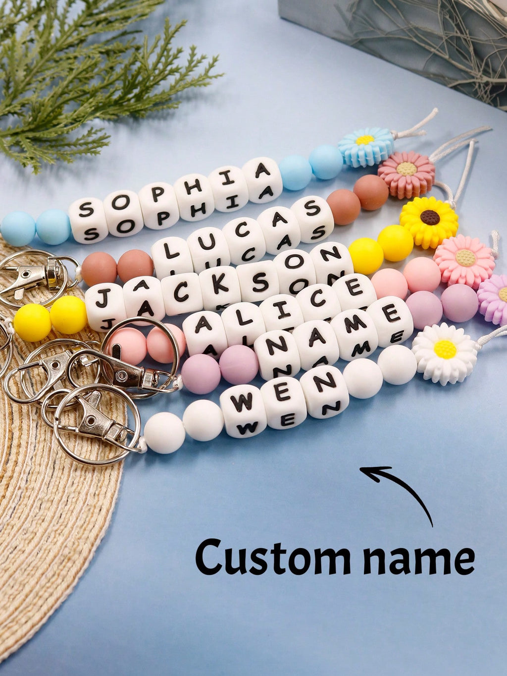 1pc Customized Daisy Silicone Beaded Keychain With Name Tag