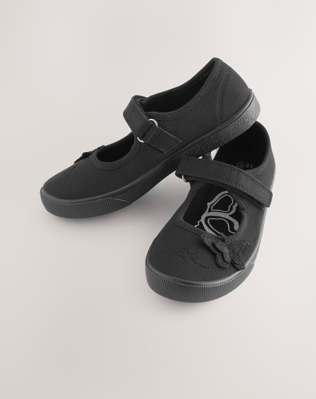 Black Standard Fit (F) Butterfly Embroidered School Plimsoll Shoes