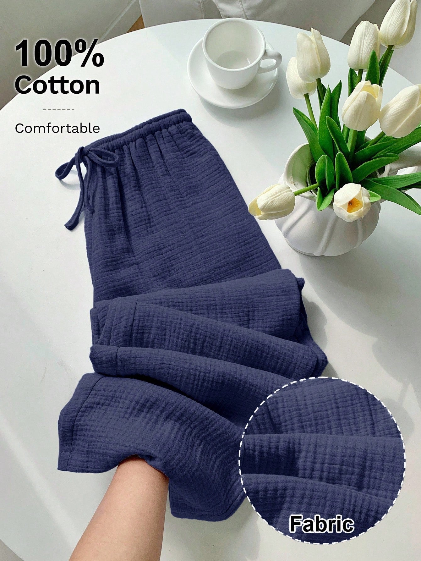 [100% Cotton] Women's Printed Drawstring Wide Leg Loose Pants