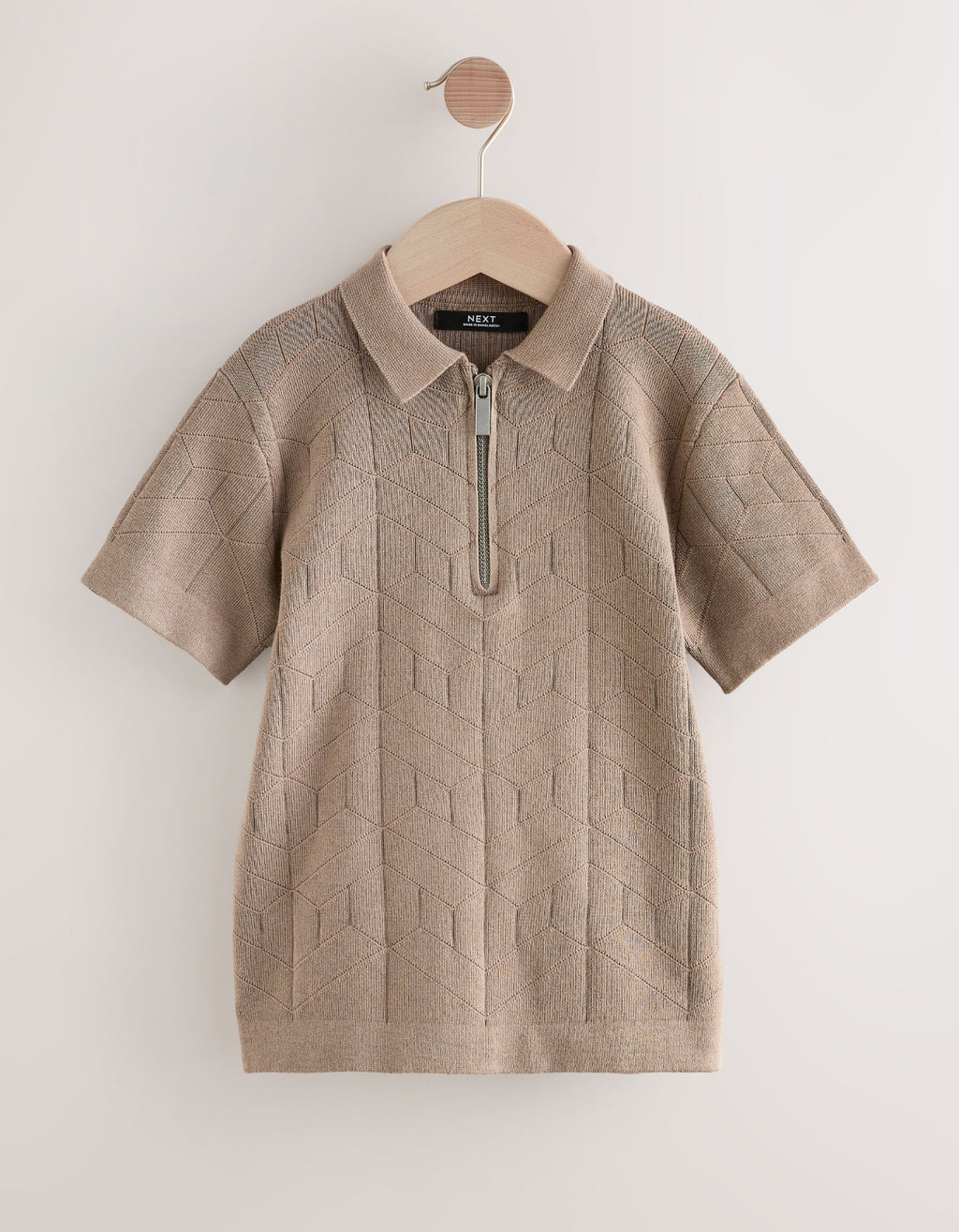 Taupe Brown Knitted Zip Neck Polo Shirt