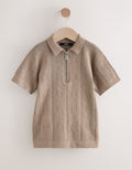 Taupe Brown Knitted Zip Neck Polo Shirt
