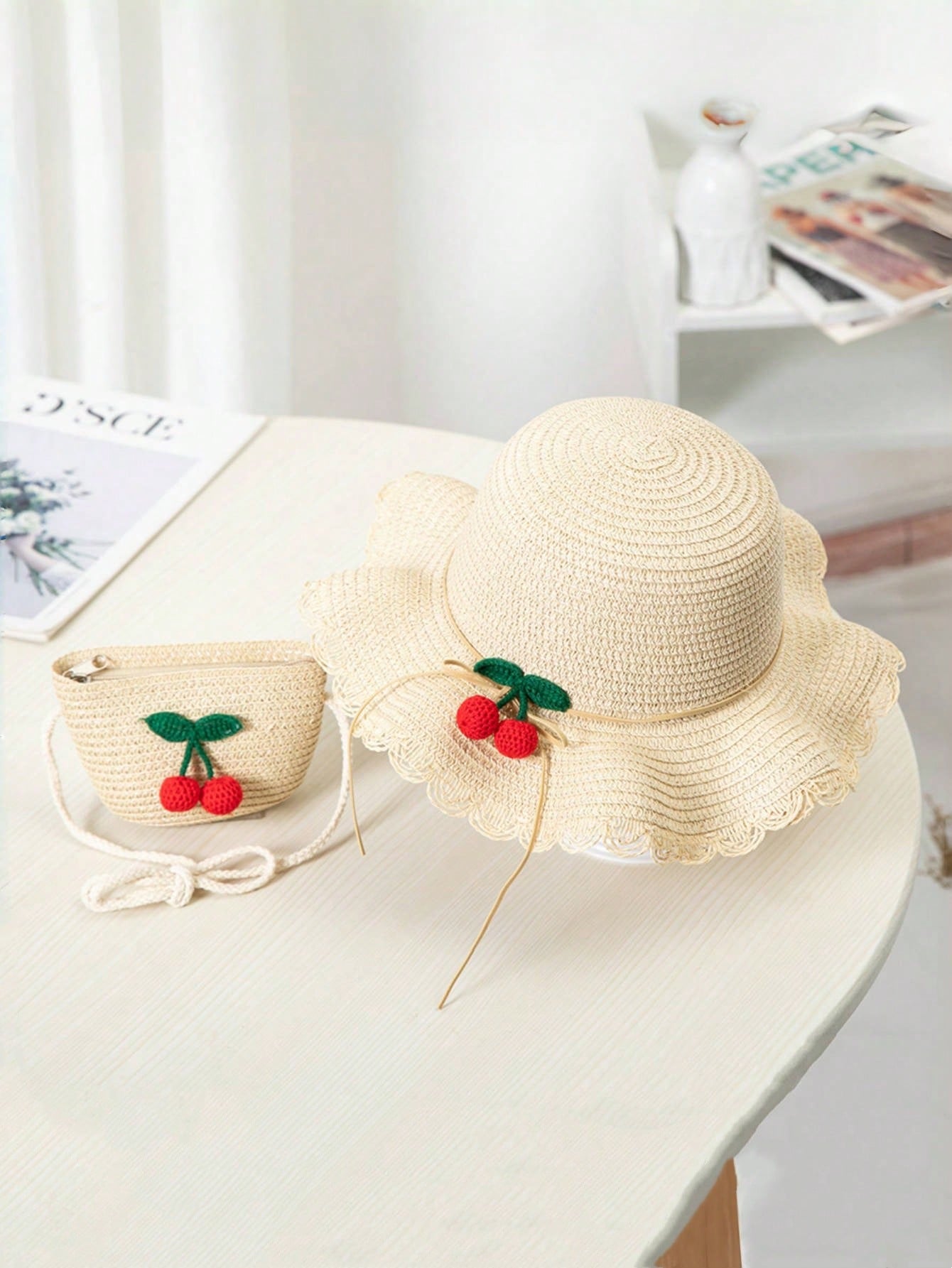 2pcs Cherry Pattern Girl Sun Hat & Beach Bag Set (immediate)