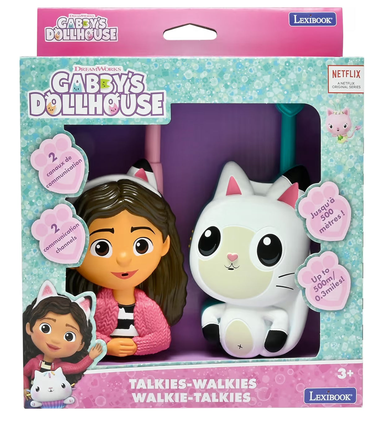 Gabby's Dollhouse, 3D Walkie-Talkies, Range 500m, 2 communication channels, Belt clip, Pink/Green