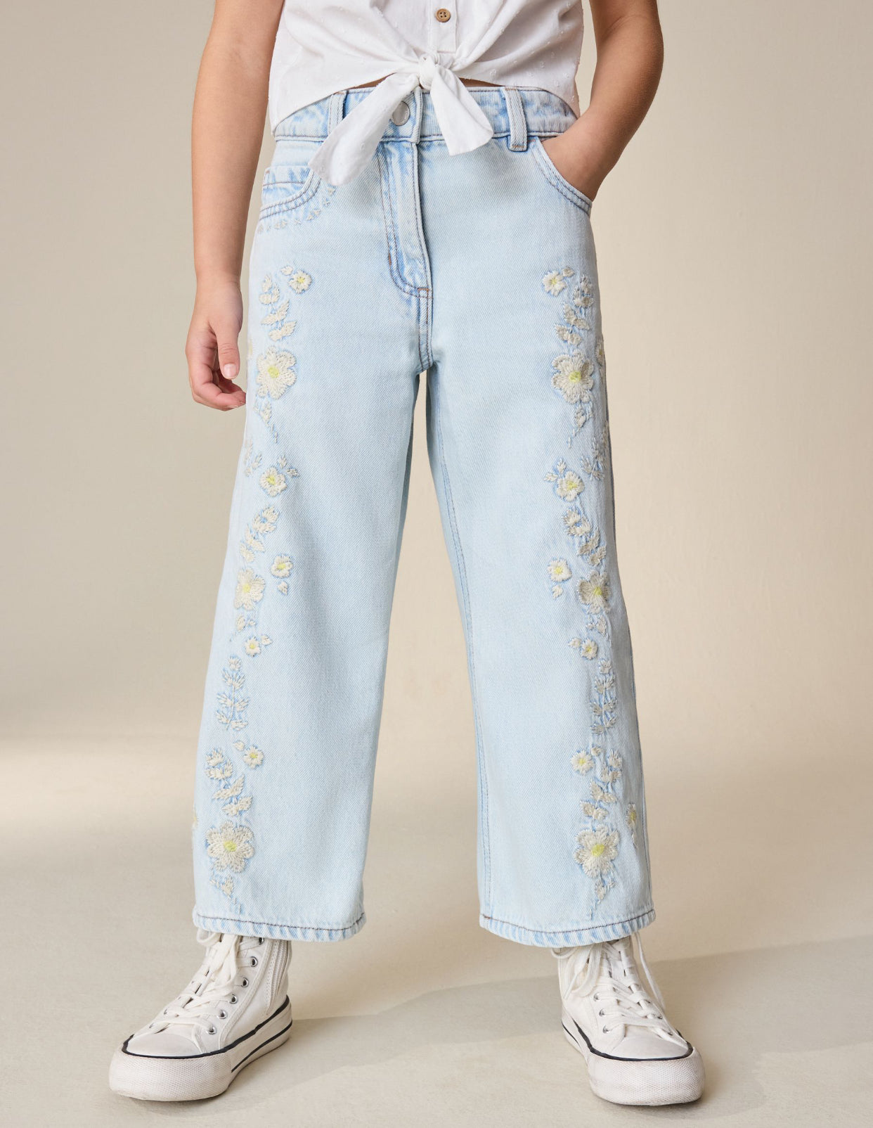Light Blue Floral Embroidered Wide Leg