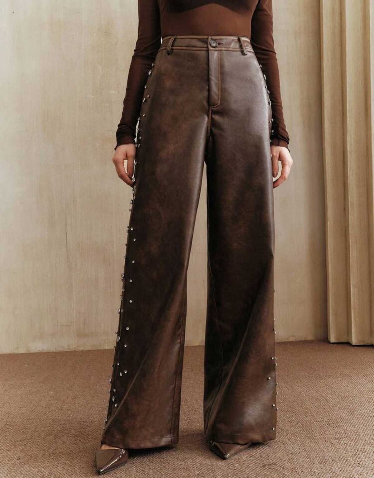 Anewsta Women's Brown Rhinestone Distressed PU Leather Straight Leg Pants