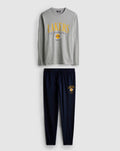 A pair of long pyjamas with tops and bottoms with Los Angeles Lakers design