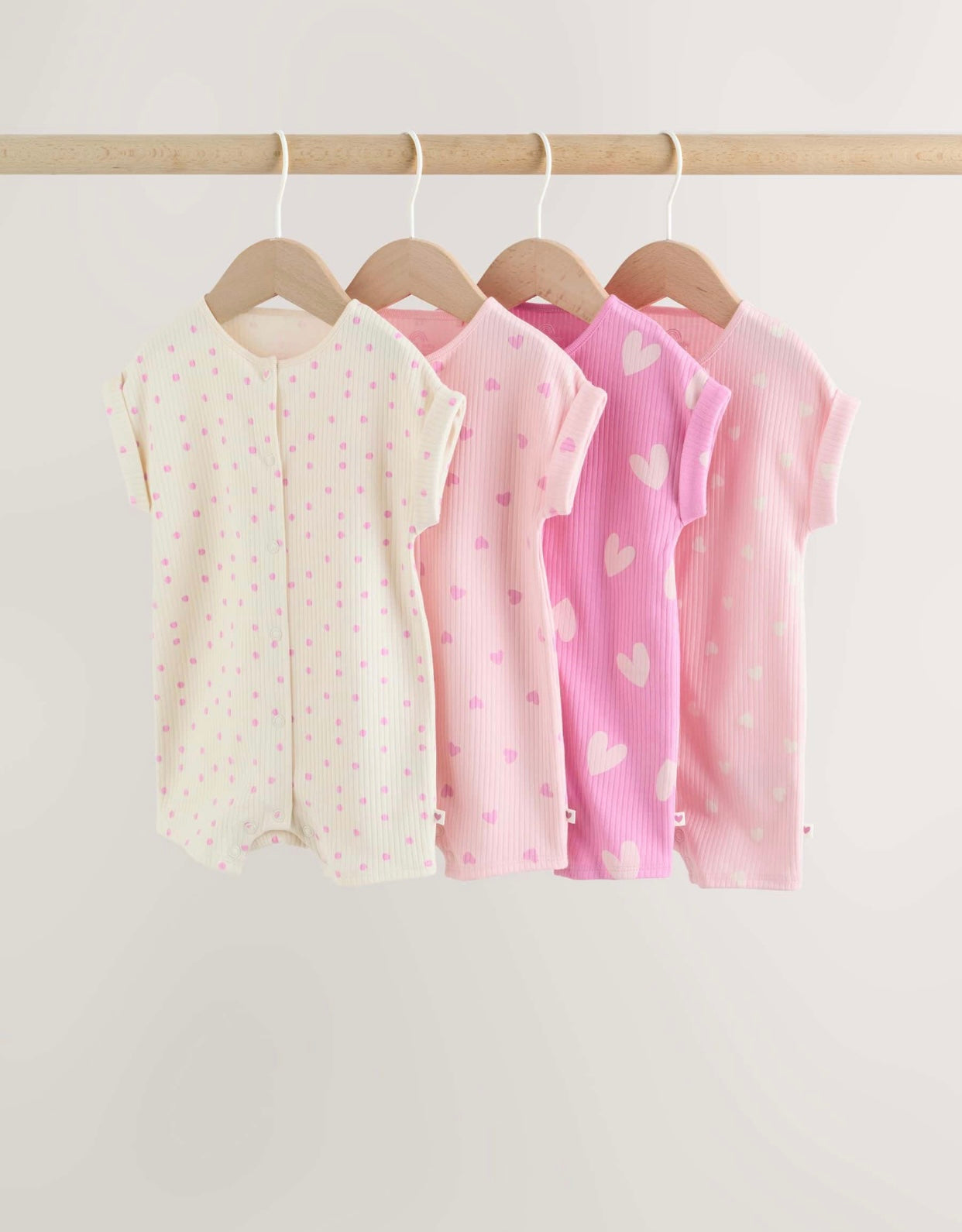 Pink Tonal Heart Popper Through Jersey Baby Rompers 3 Pack