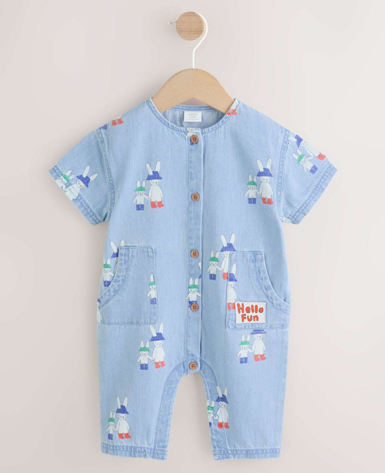 Blue Denim Rabbit Print Short Sleeve Baby Romper