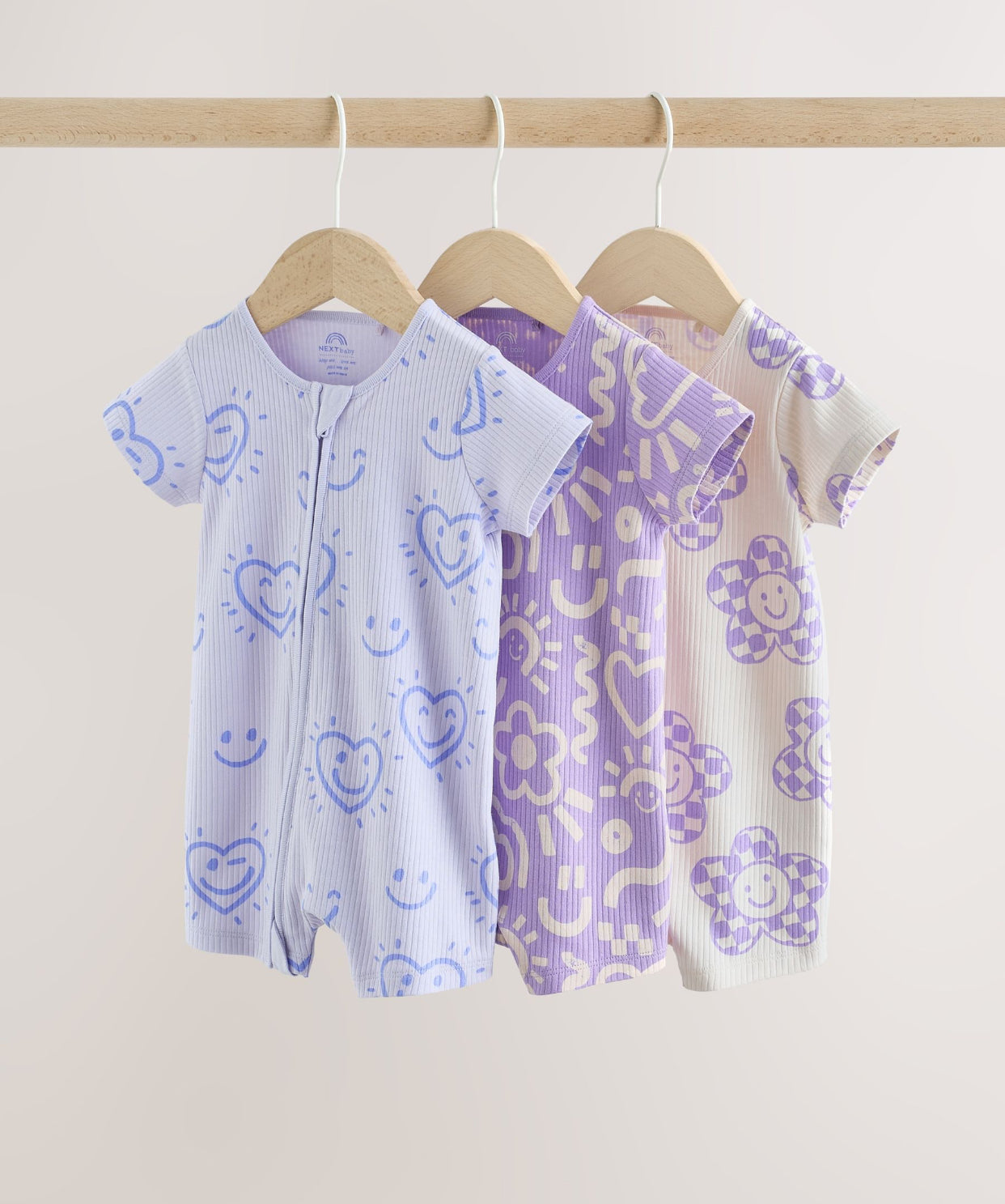 Lilac Purple Two Way Zip Baby Sleepsuits 3 Pack
