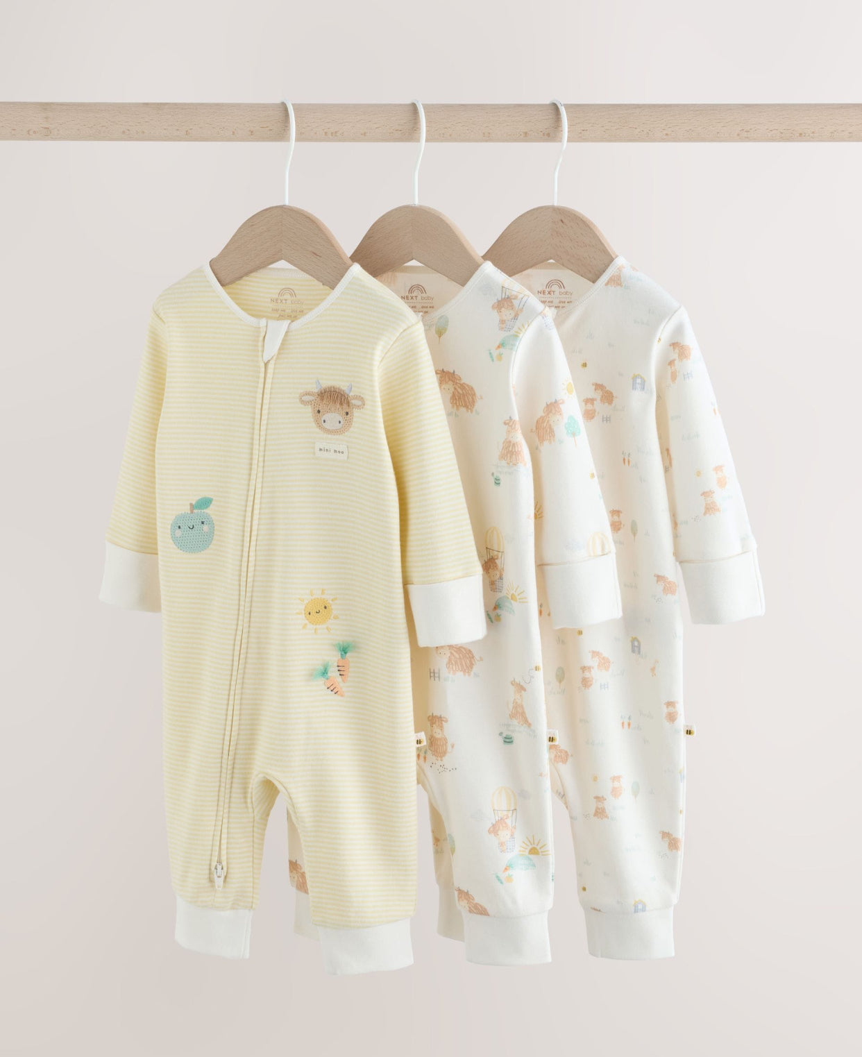 Cream Hamish Two Way Zip Baby Sleepsuits 3 Pack