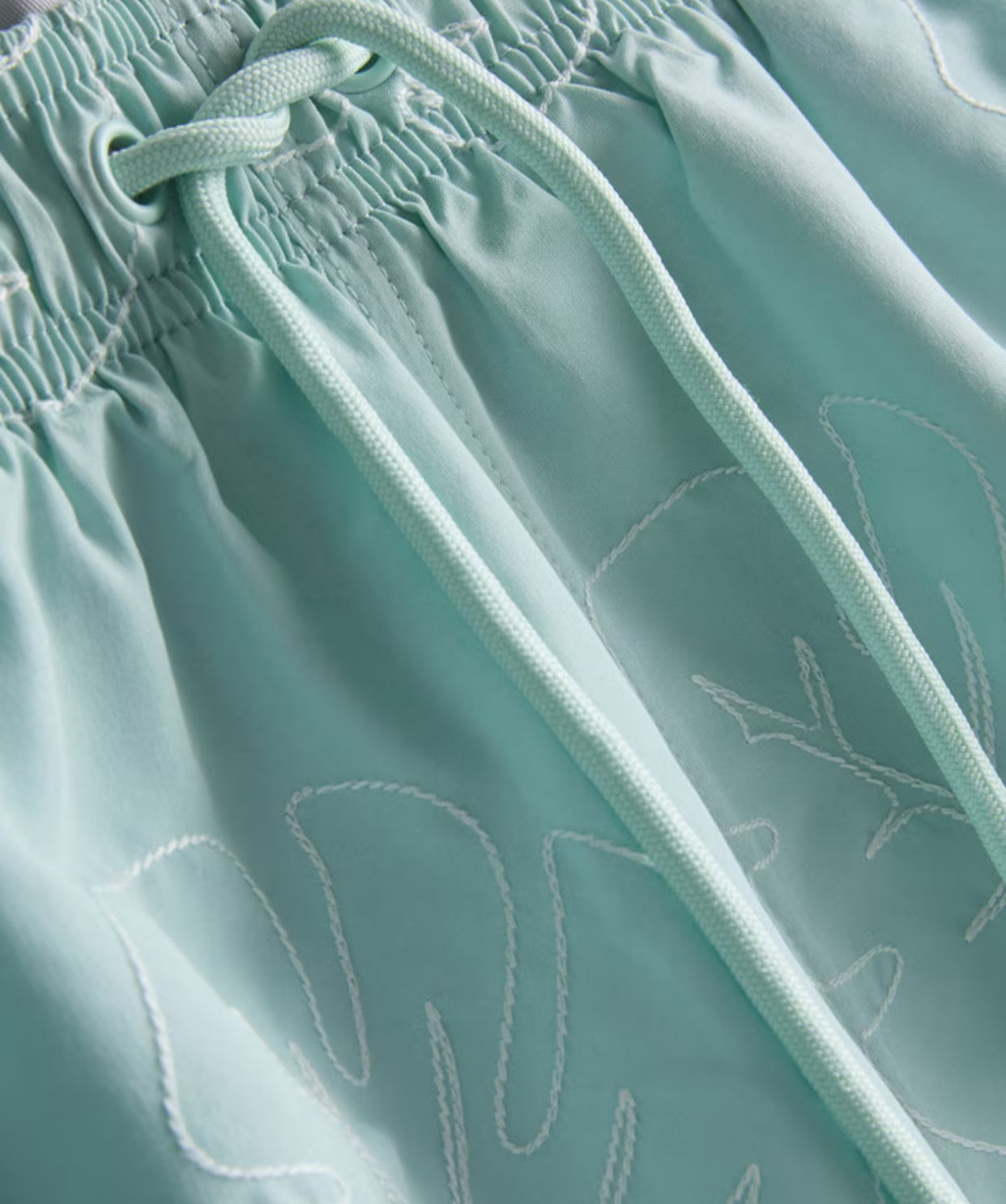 A pair of swimming shorts with an embroidered design, a drawstring waistline, and an inner mesh lining