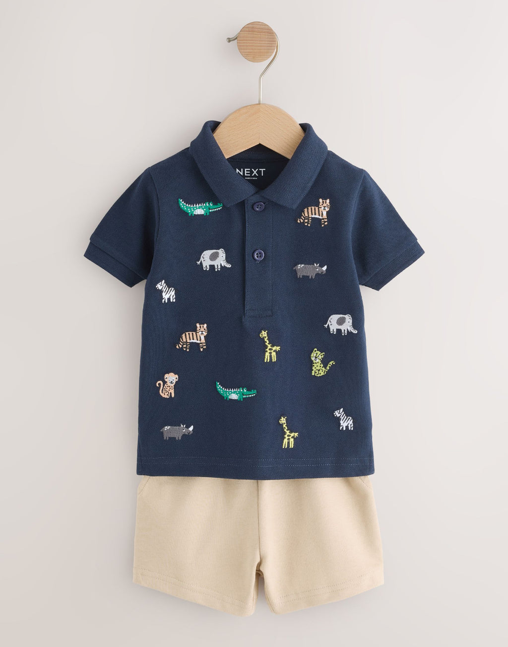 Navy All Over Embroidery Safari Animals Short Sleeve Polo Shirt and Shorts Set