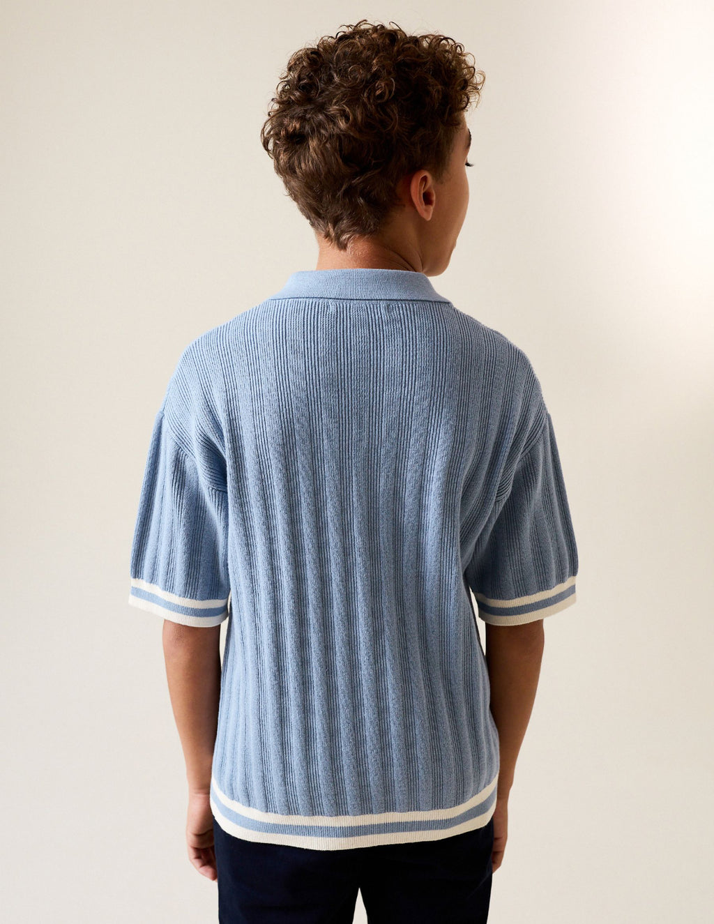 Blue Button Neck Knitted Polo Shirt