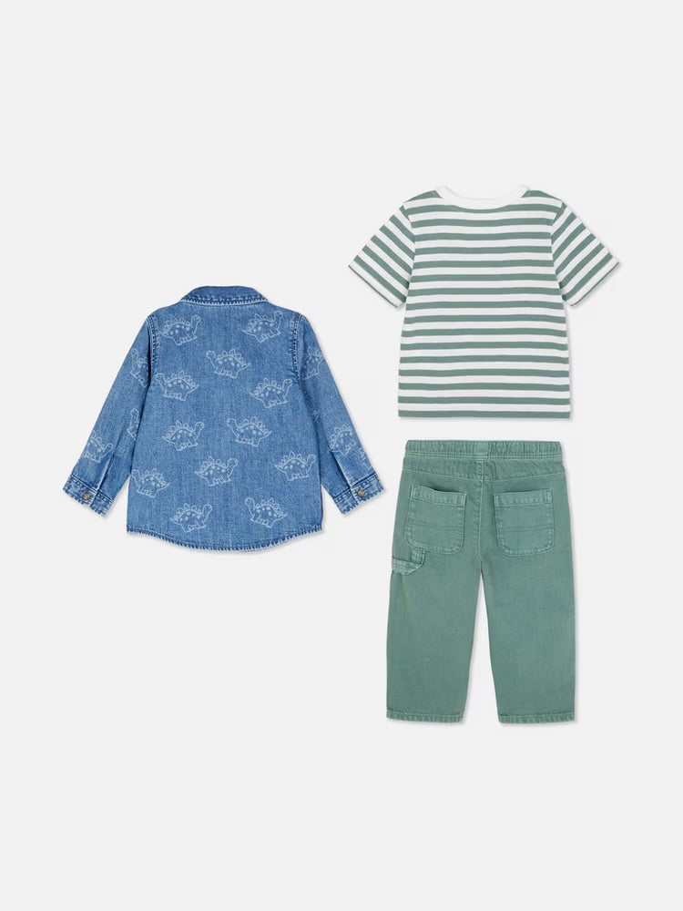 T-Shirt, Joggers and Dinosaur Denim Shirt Set (immediate)