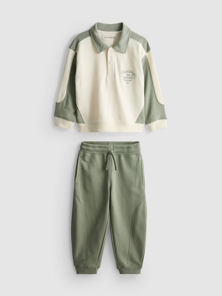A polo placket sweatshirt and cuffed joggers clothing co-ord
