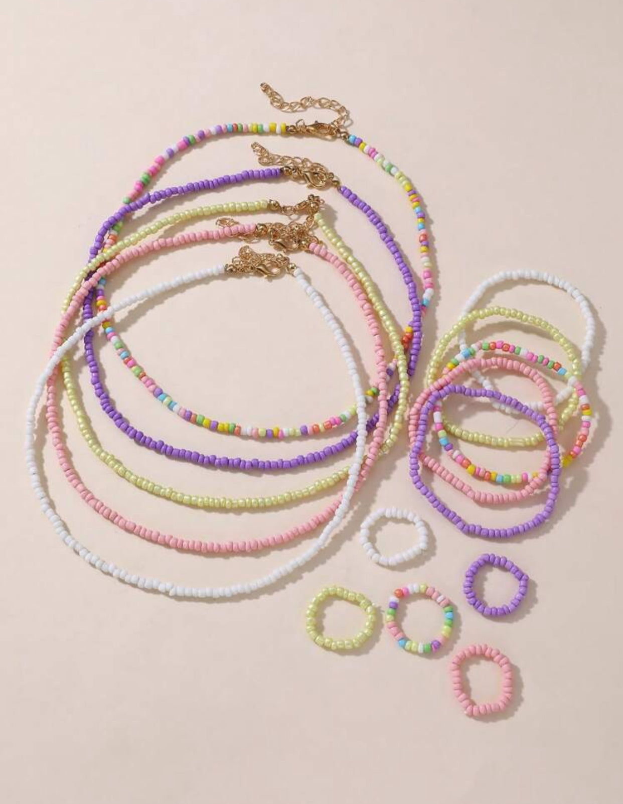 15pcs/Set Colorful Mixed Bead Necklace Bracelet Ring Jewelry Set (immediate)