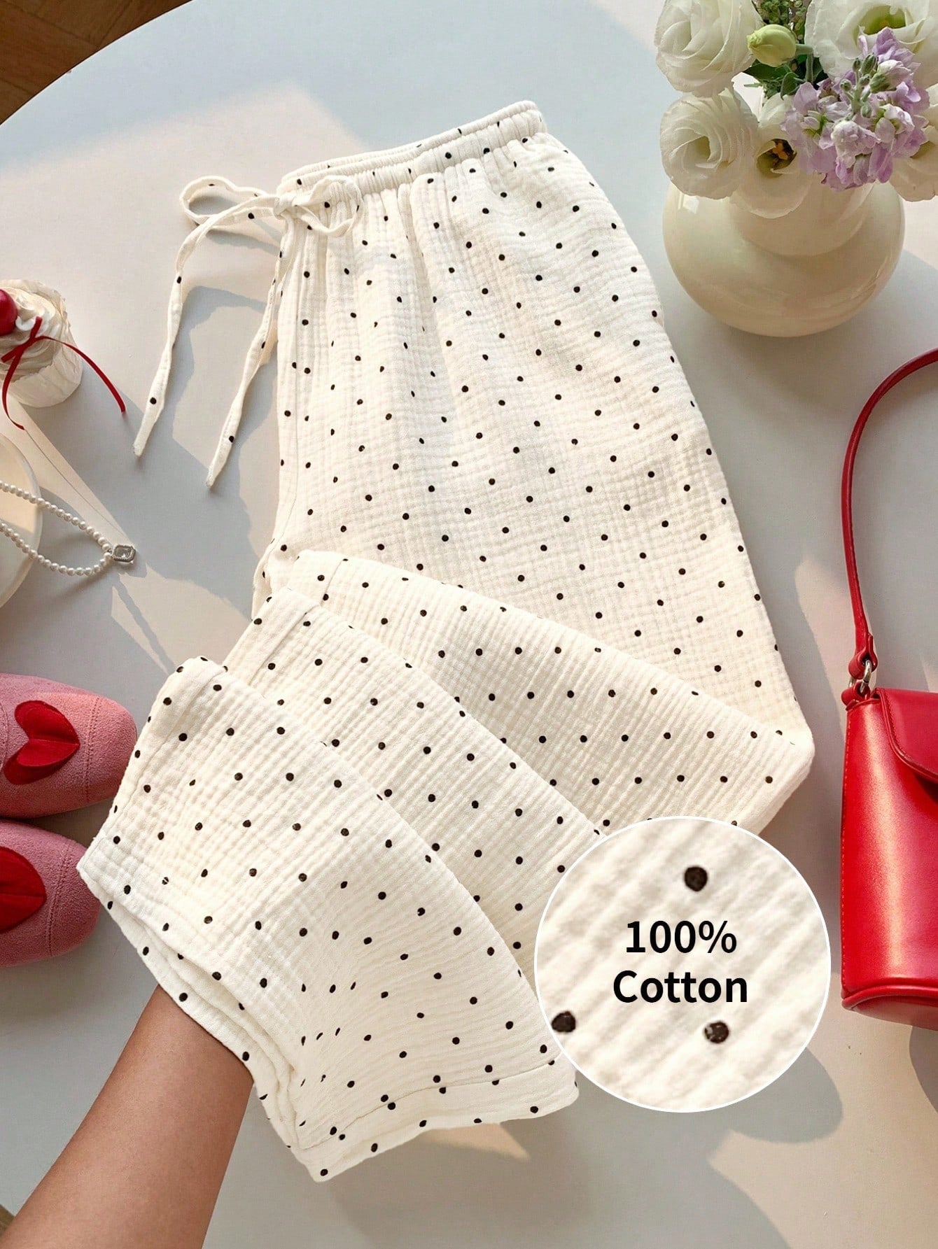 [100% Cotton] Women's Printed Drawstring Wide Leg Loose Pants