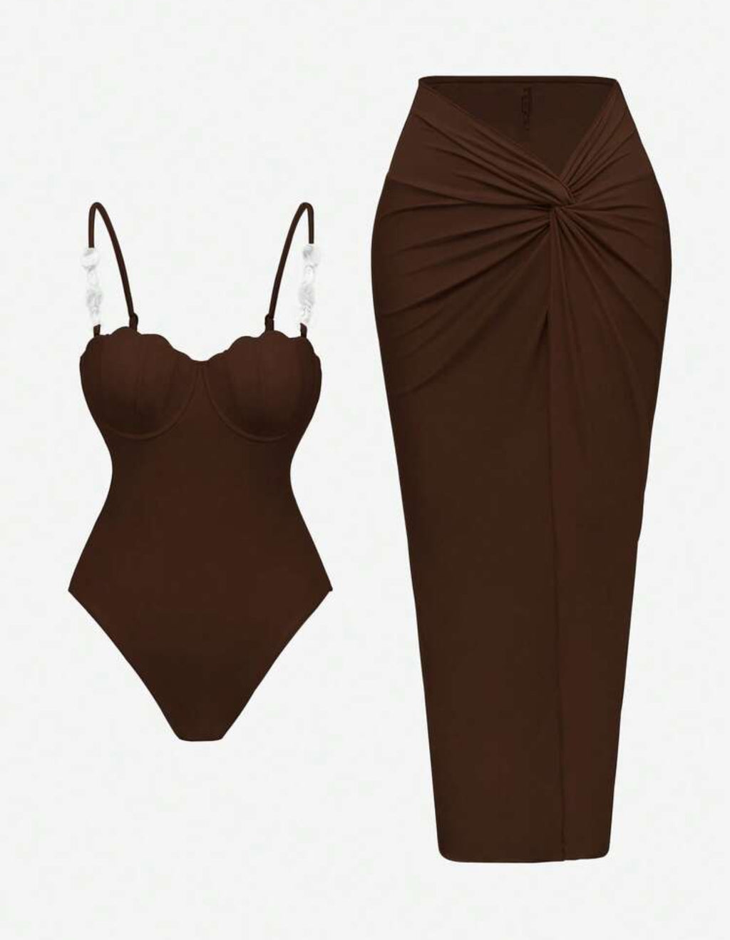 2pcs/Set Women's Summer Brown One-Piece Swimsuit + Long Twisted Knot Skirt