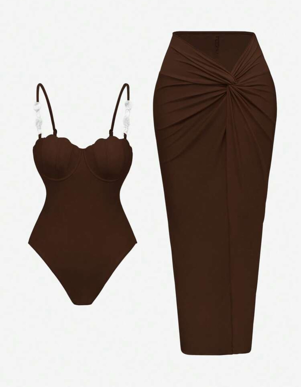 2pcs/Set Women's Summer Brown One-Piece Swimsuit + Long Twisted Knot Skirt