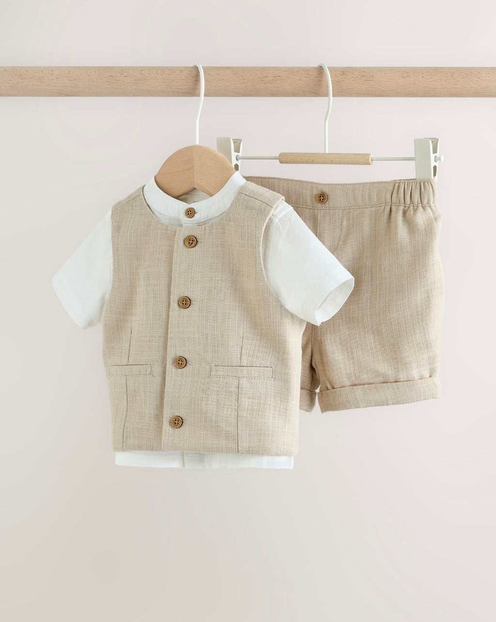 Neutral Woven Waistcoat, Shirt and Shorts Baby Set 3 Piece