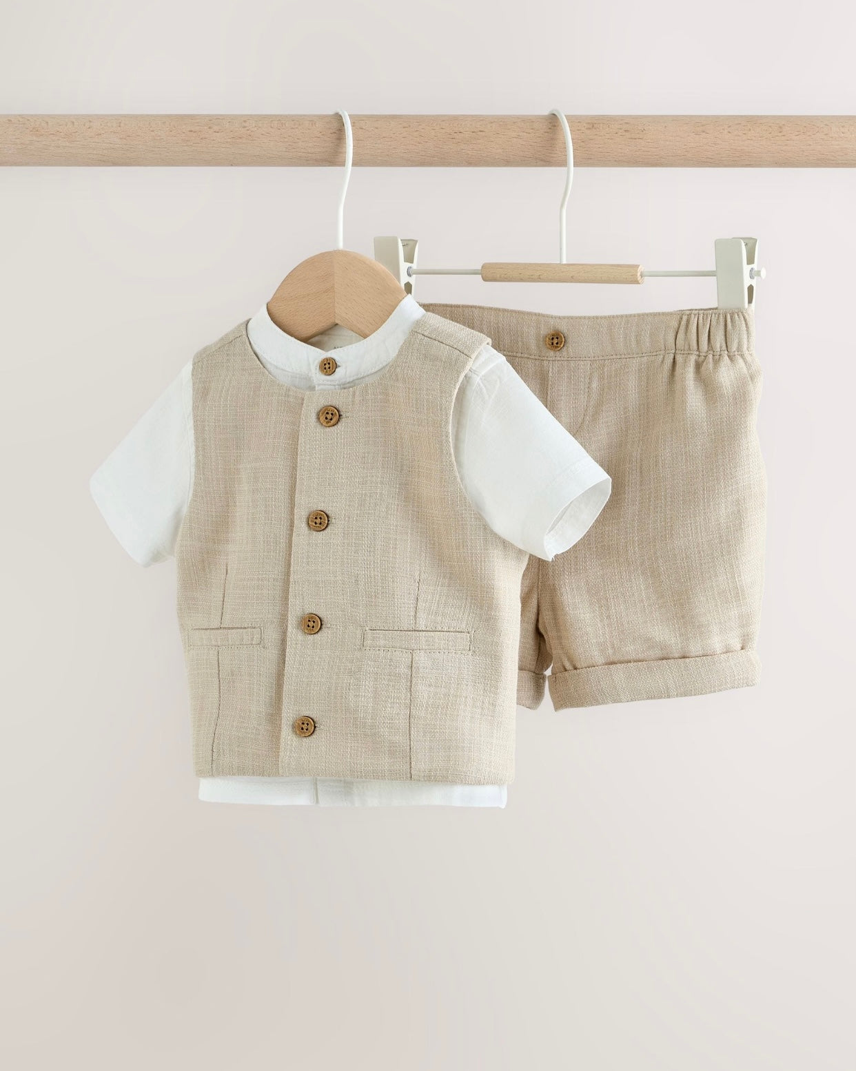 Neutral Woven Waistcoat, Shirt and Shorts Baby Set 3 Piece