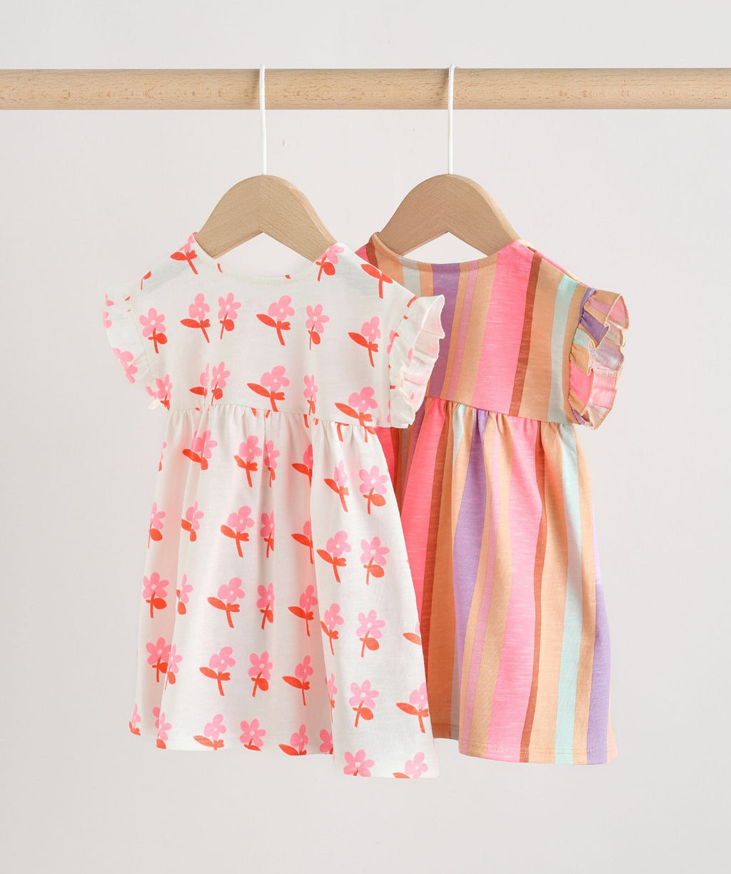 White Floral/ Pink Stripe Baby Short Sleeve Dresse 2 Pack