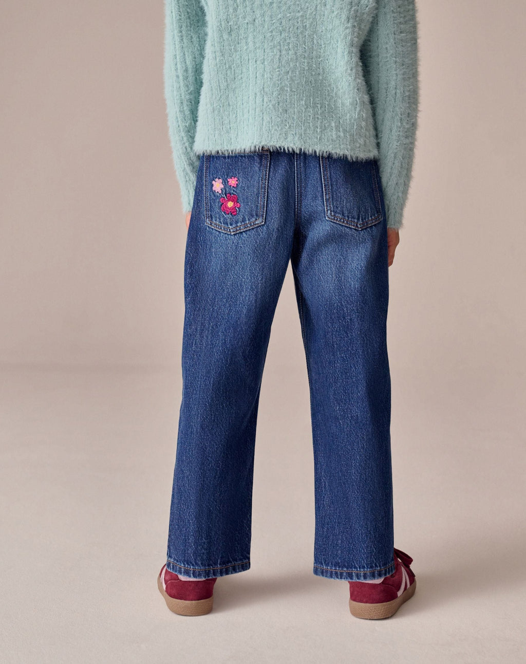 Mid Blue Regular Fit Floral Embroidered
